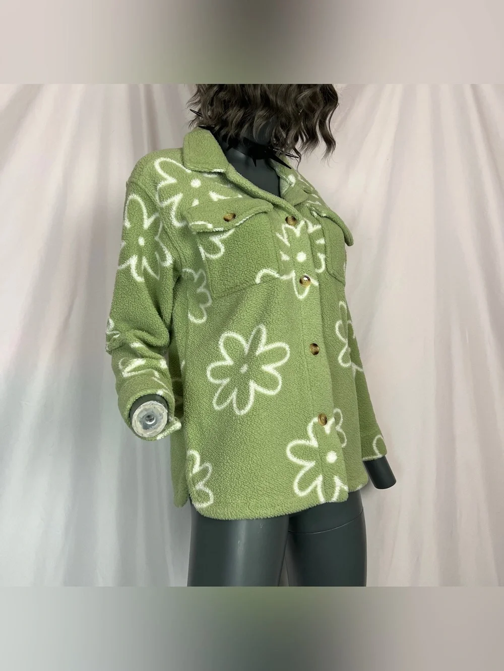 Matcha Green & White Daisy Flower Power Plush Fleece Button Up Jacket